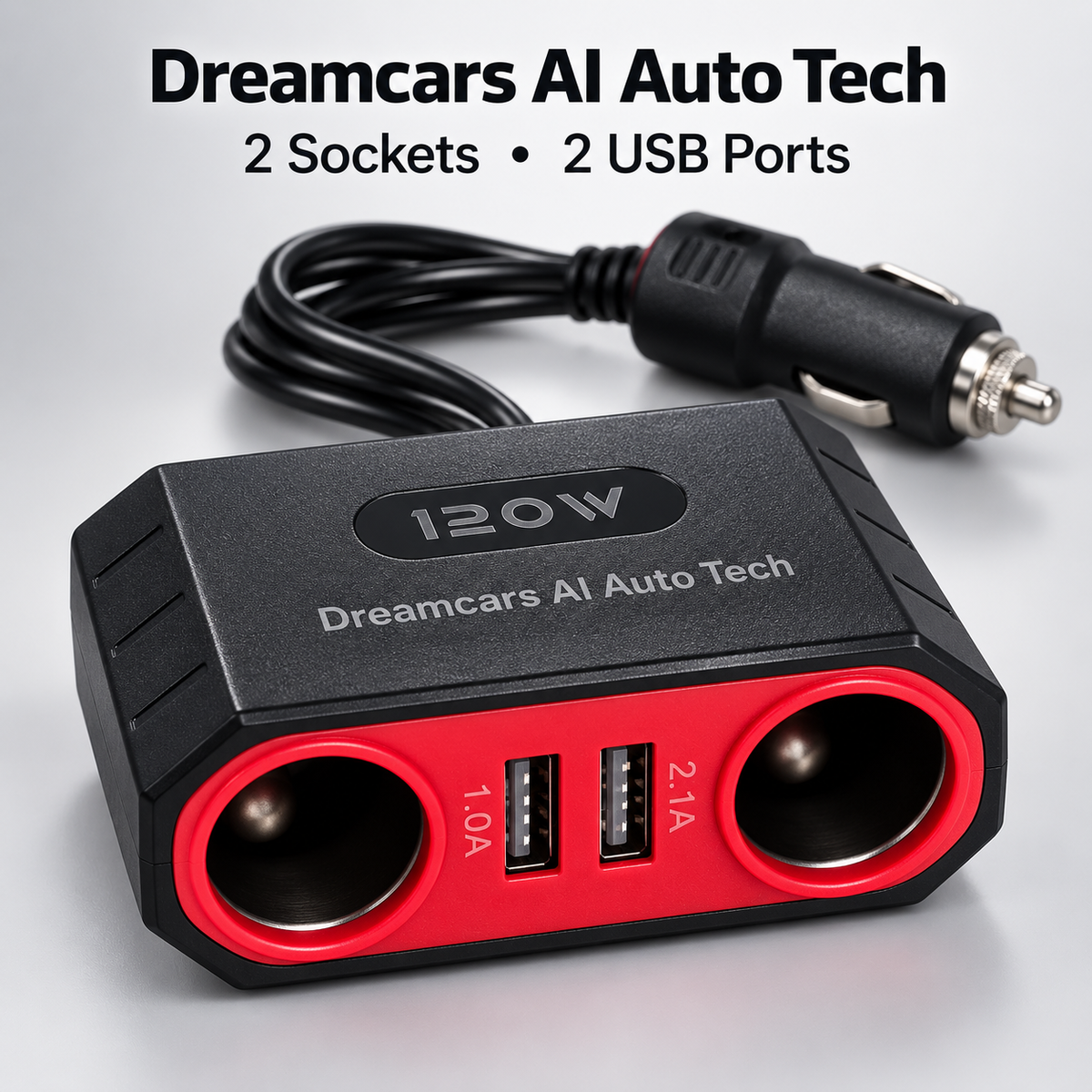 Close-up of Dreamcars power splitter showing two sockets and USB ports marked 1.0A and 2.1A