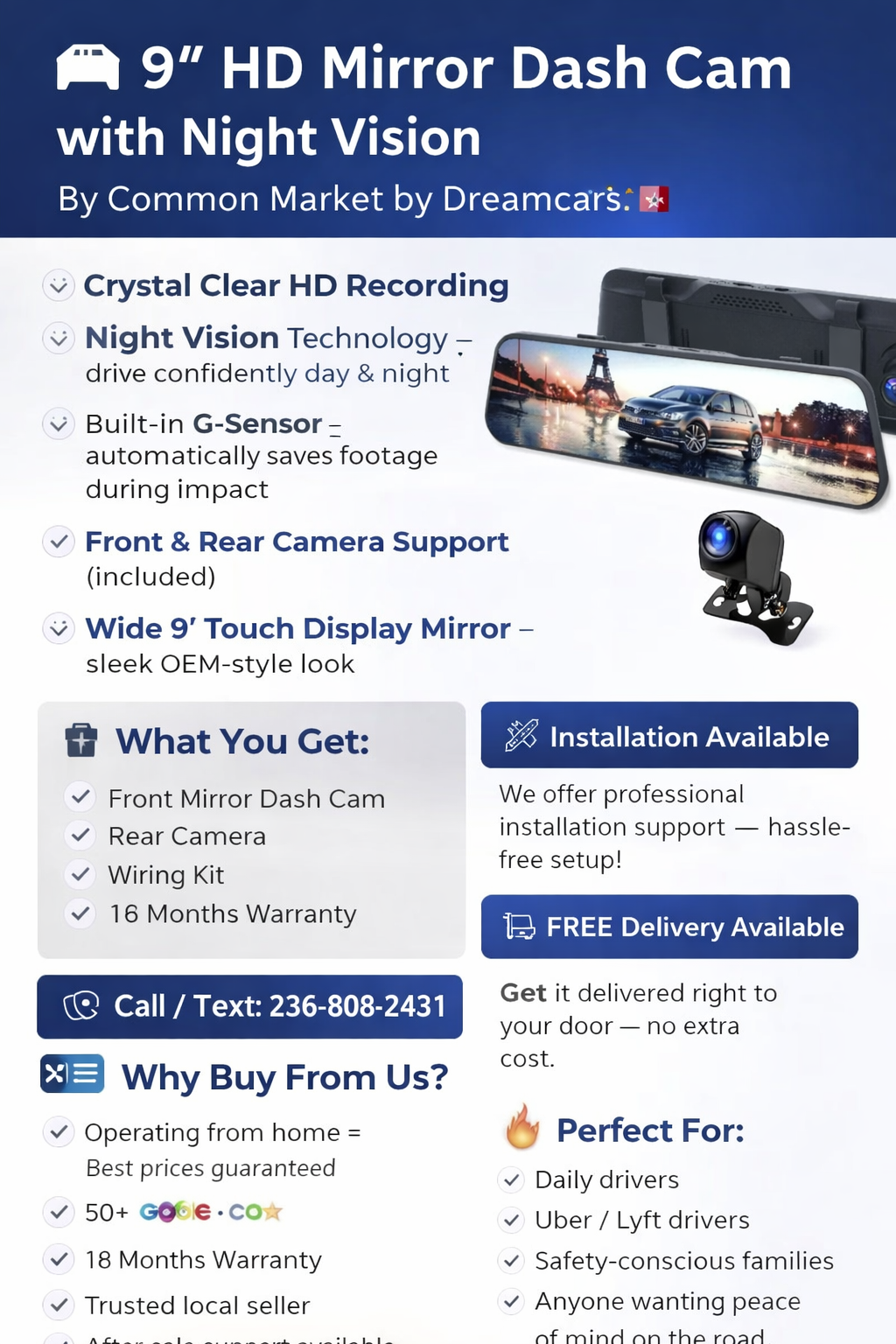 2-Way Front & Rear Dash Camera – HD with Backup Camera, touch screen and App Control