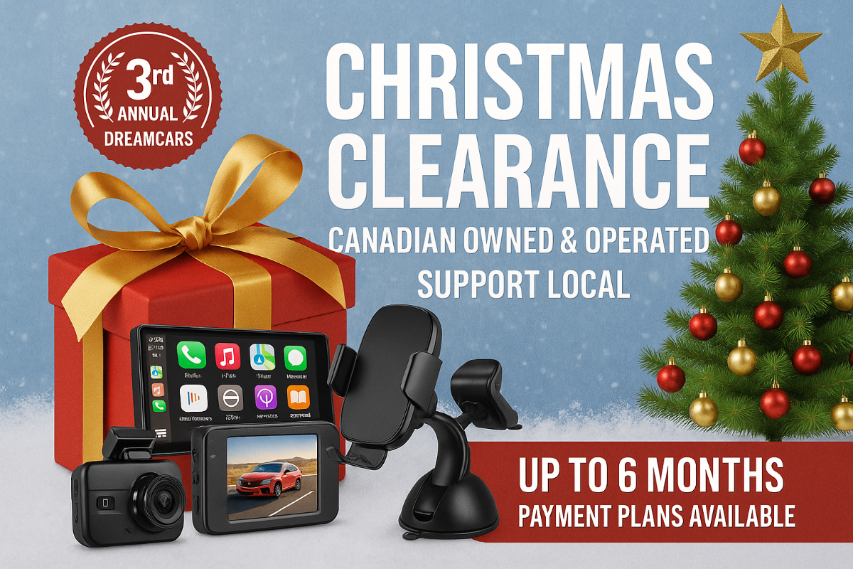 Promotional image for Christmas clearance sale with car dashboard camera, phone mount, and Christmas tree.