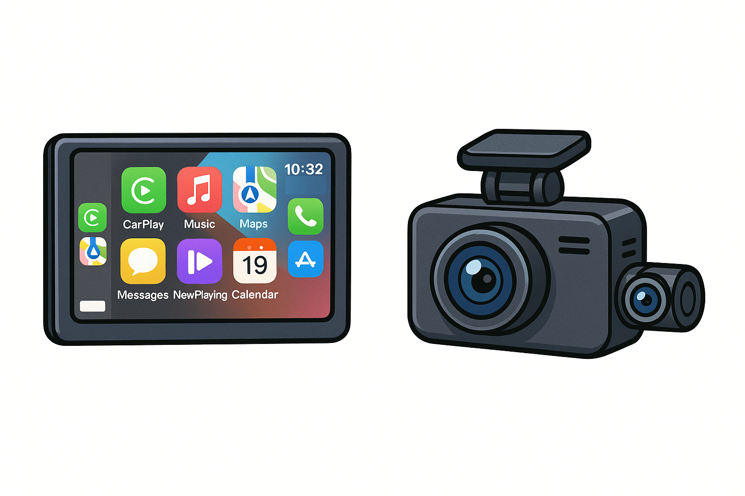 I need a cartoon carplay , a separate 2 way dash camera picture on a white back ground