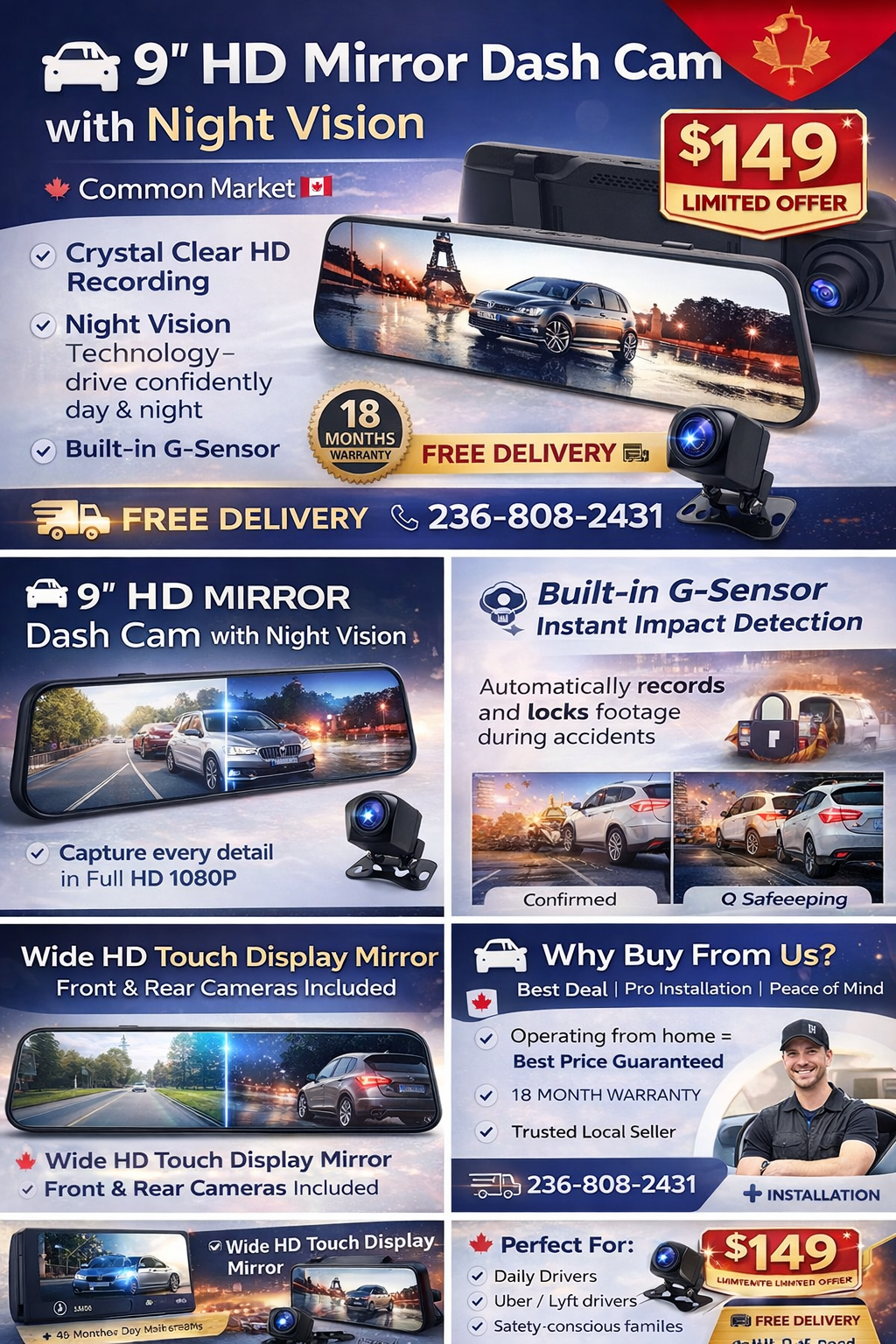 2-Way Front & Rear Dash Camera – HD with Backup Camera, touch screen and App Control