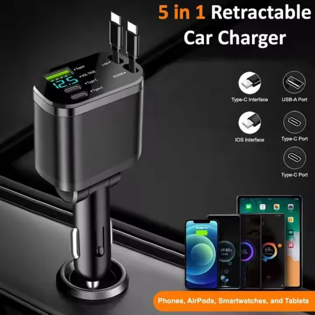 Smart LED charger 5 in 1 Retractable Car Fast Charger