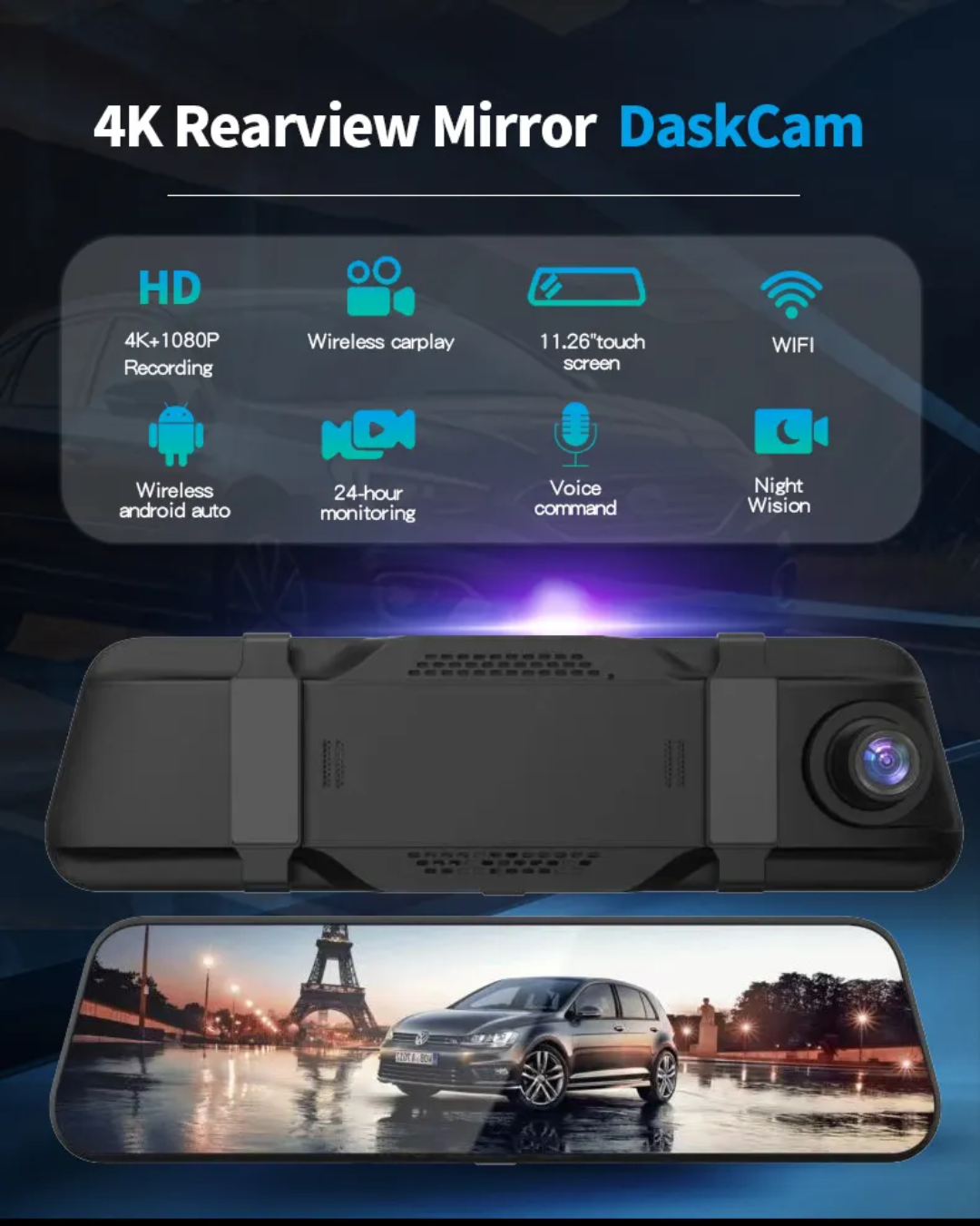 2-Way Front & Rear Dash Camera – HD with Backup Camera, touch screen and App Control