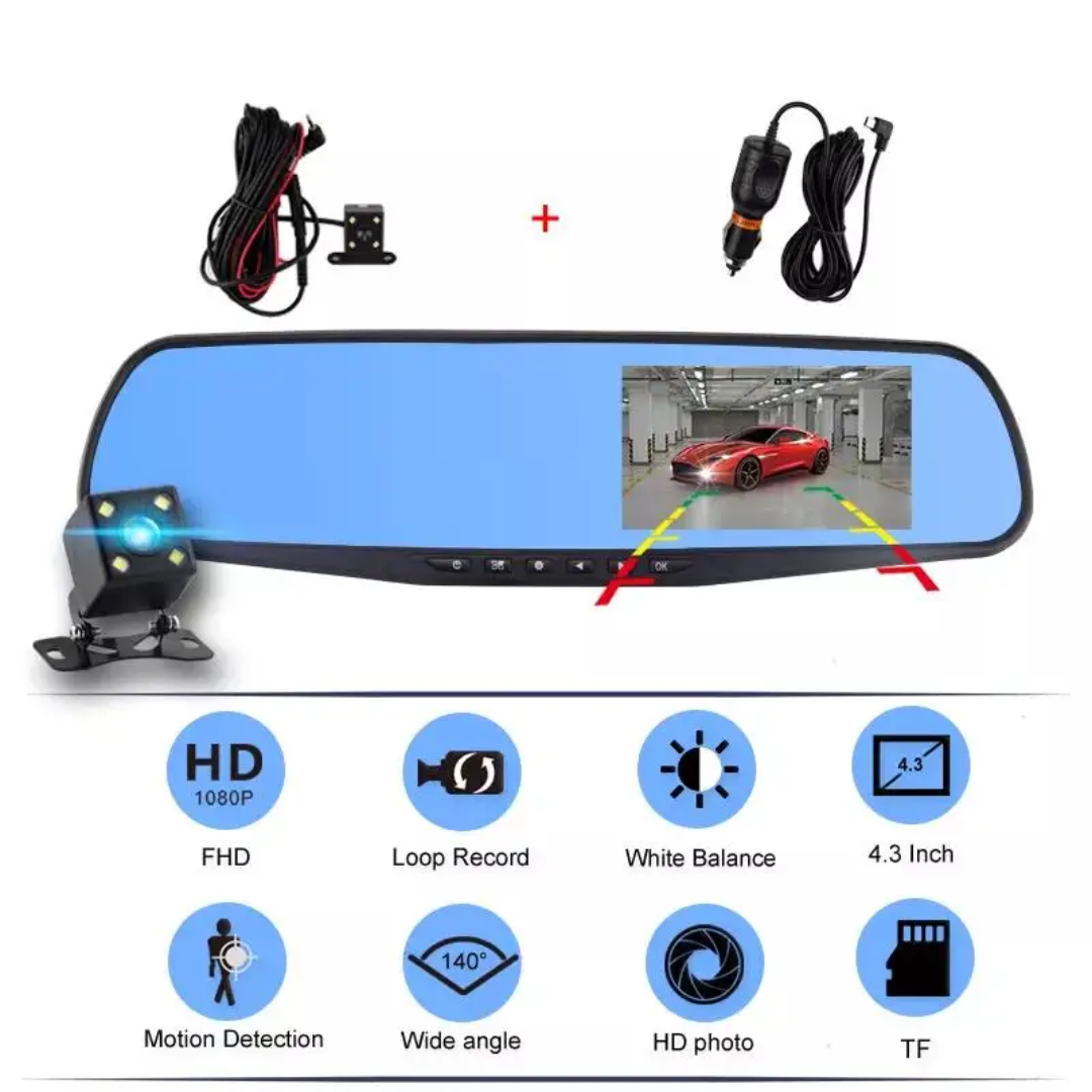 Clearance Plug and Play 2-Way 1080P HD Rear View Mirror Dash Camera – Front & Rear Recording, Night Vision, Loop Recording, G-Sensor,